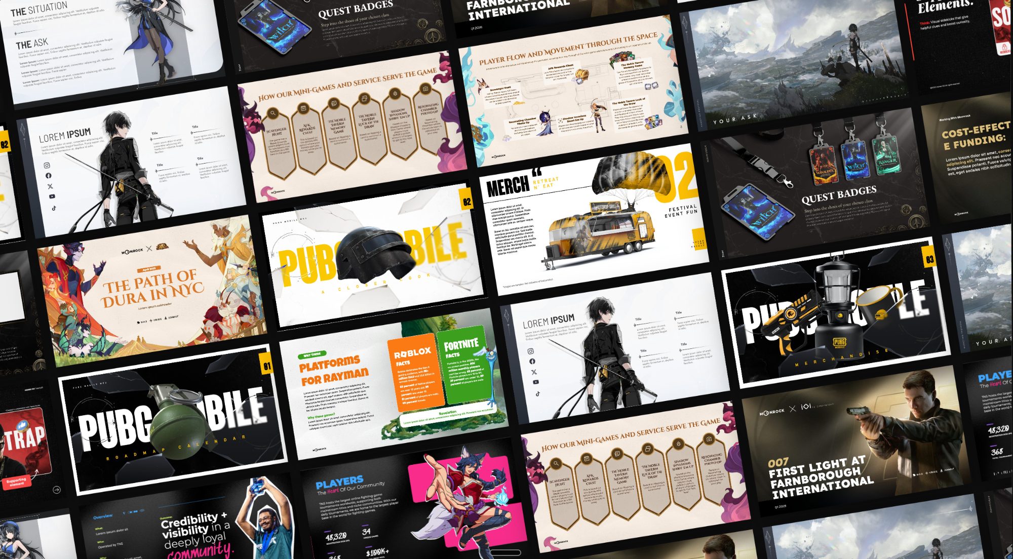 A wall of pitch deck slides from past projects
