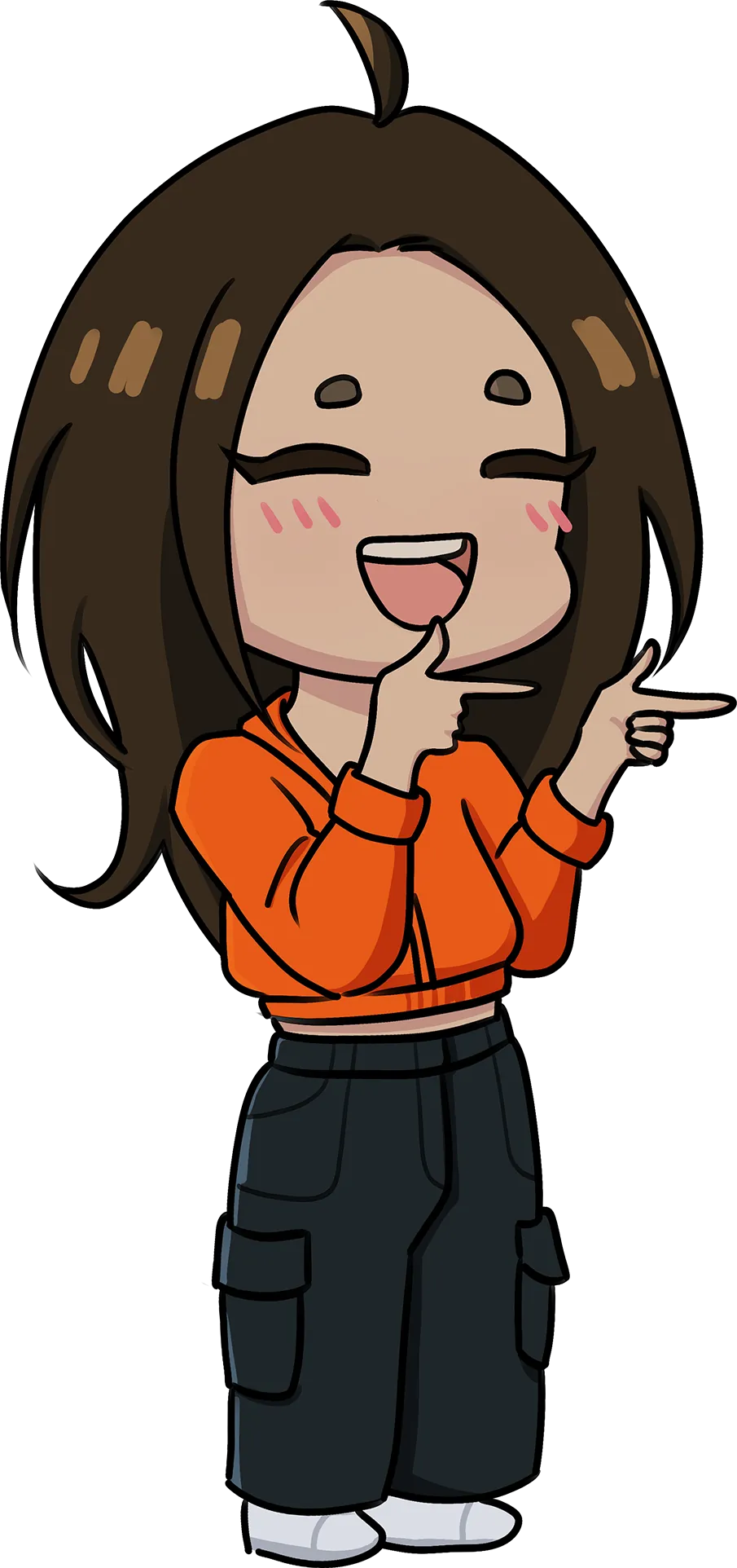 Illustrated Winnie making playful finger guns toward her process book