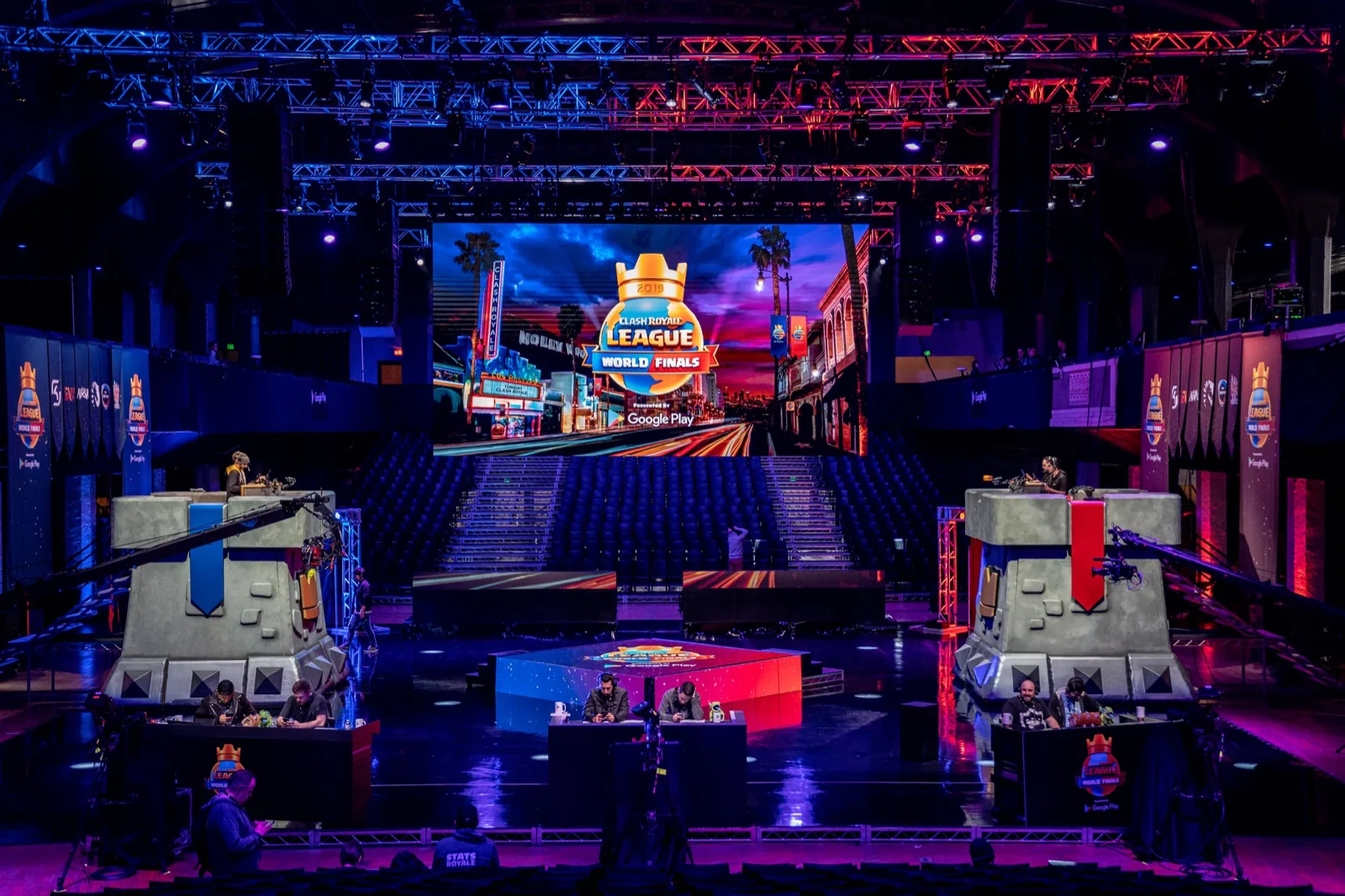 Clash Royale League World Finals stage with blue and red arena lighting